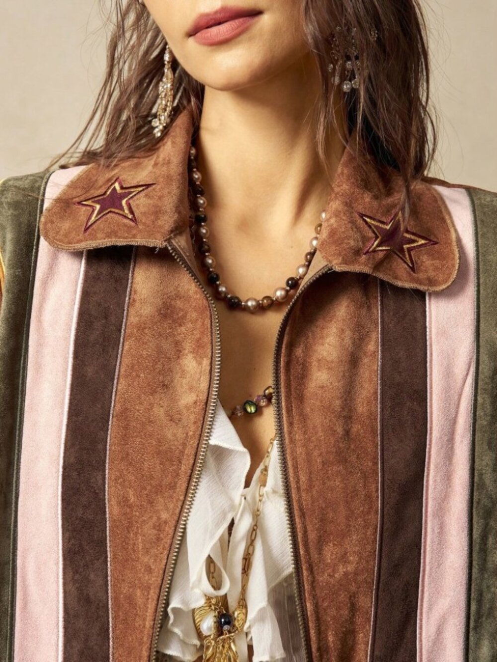 Brown Vegan Suede Butterfly Embroidered Cropped Trucker Jacket - Picture 8 of 8